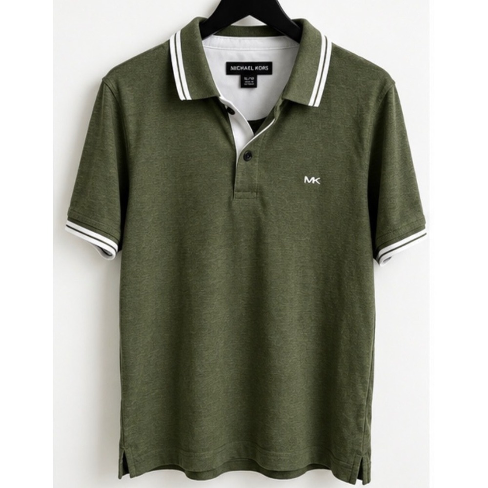 Michael Kors Mens XL Olive Green Tipped Short Sleeve Cotton Polo Shirt MK Logo